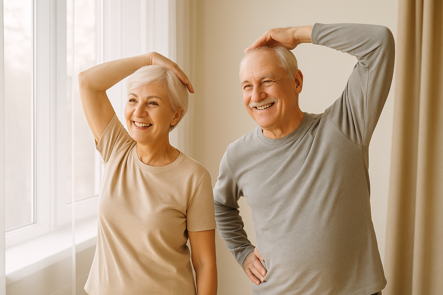 Счастливая пожилая пара дома выполняет лёгкие упражнения