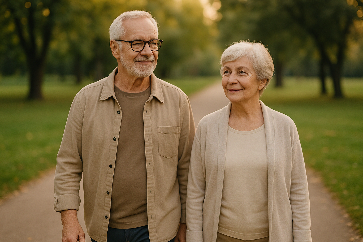 Пожилая пара на прогулке в спокойном темпе